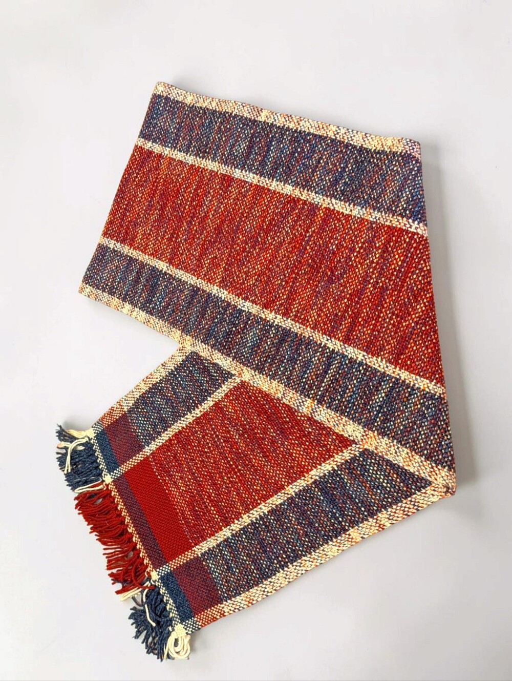 Handwoven Red, Blue, White Shawl